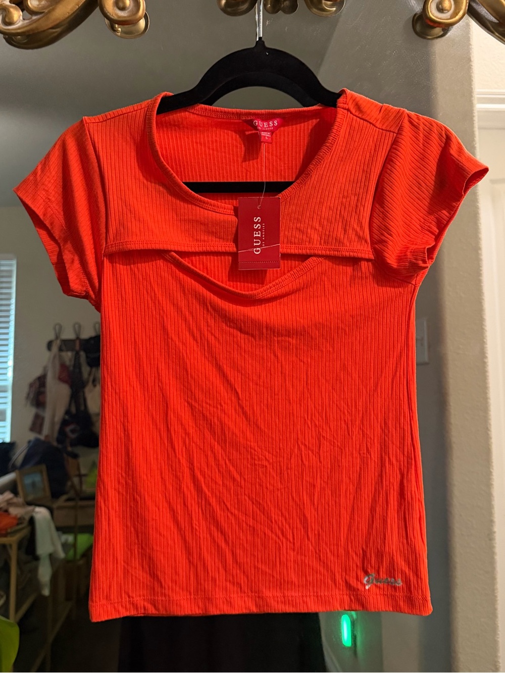 GUESS Orange Ribbed Short Sleeve Crop Top
